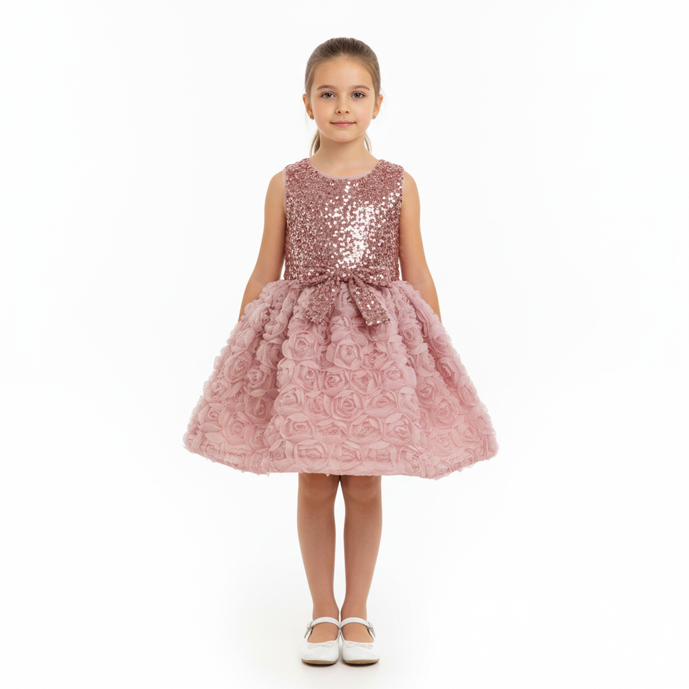 Bidani - Girl's Rose Sequin Sleeveless Party Dress - Pink