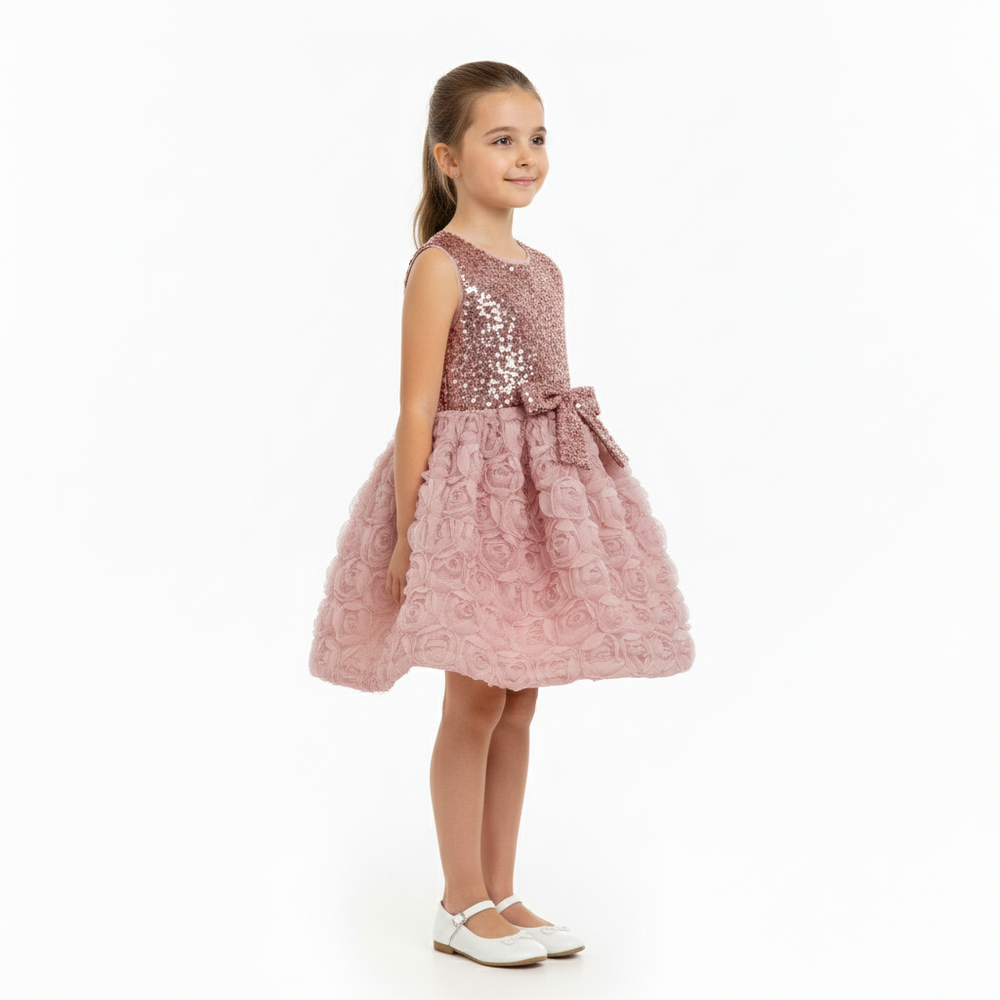 Bidani - Girl's Rose Sequin Sleeveless Party Dress - Pink