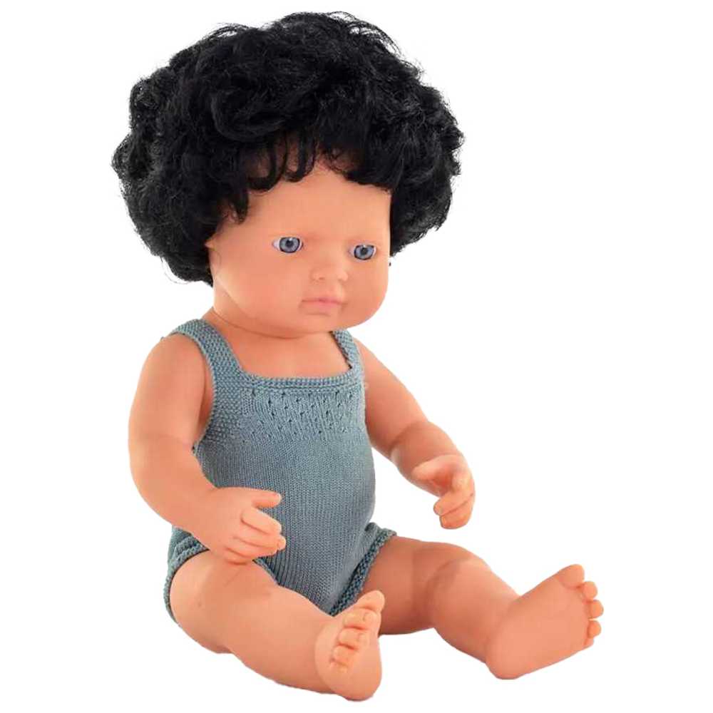 Miniland Educational - Caucasian Curly Black Hair Baby Doll - Grey Rompers - 38 cm
