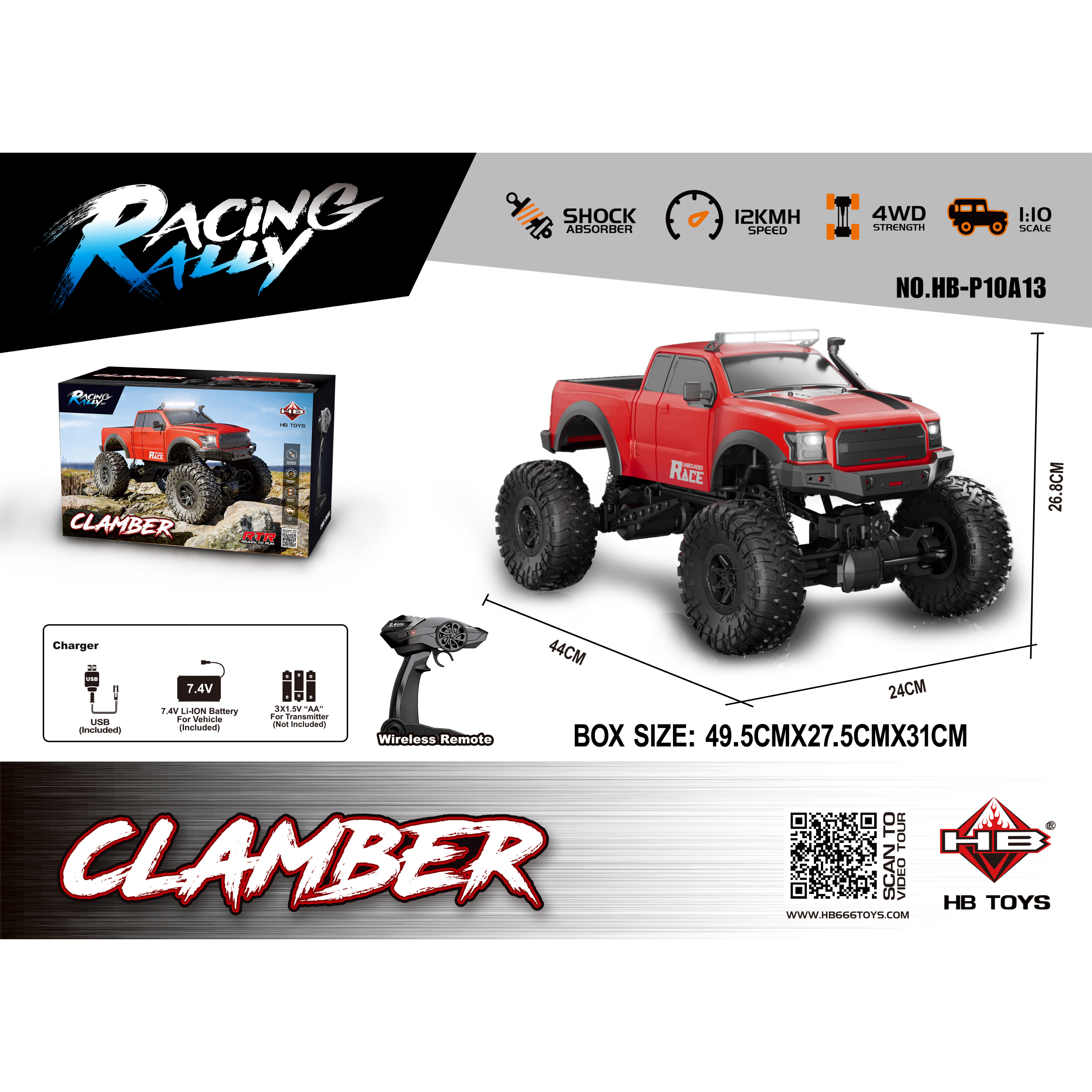 Amsham - 1:10 Racing Rally Remote Control Clamber Truck - Red
