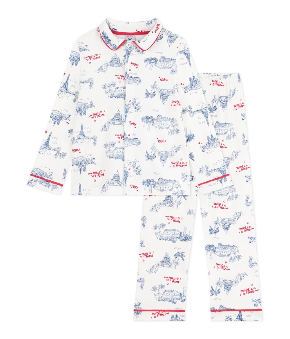 Petit Bateau - 2pc-Set - Boy's Paris Printed Pyjama Top And Pants - Marshmallow White/Blue