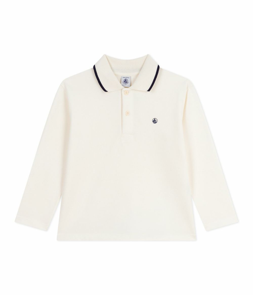 Petit Bateau - Boy's Long Sleeved Printed Cotton Polo Shirt - Milk