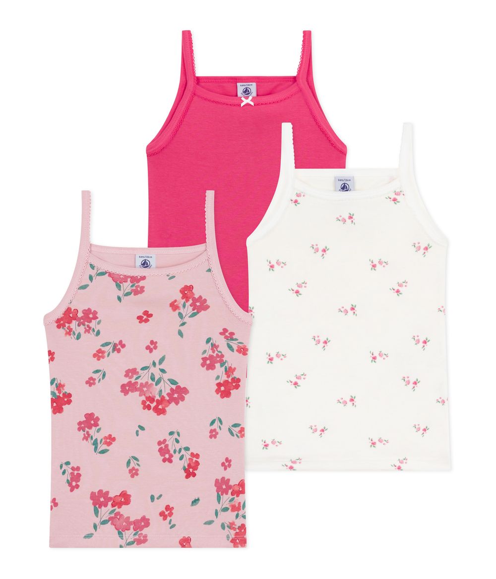 Petit Bateau - 3pc-Set - Girl's Strappy Cotton Vests - Pink/White