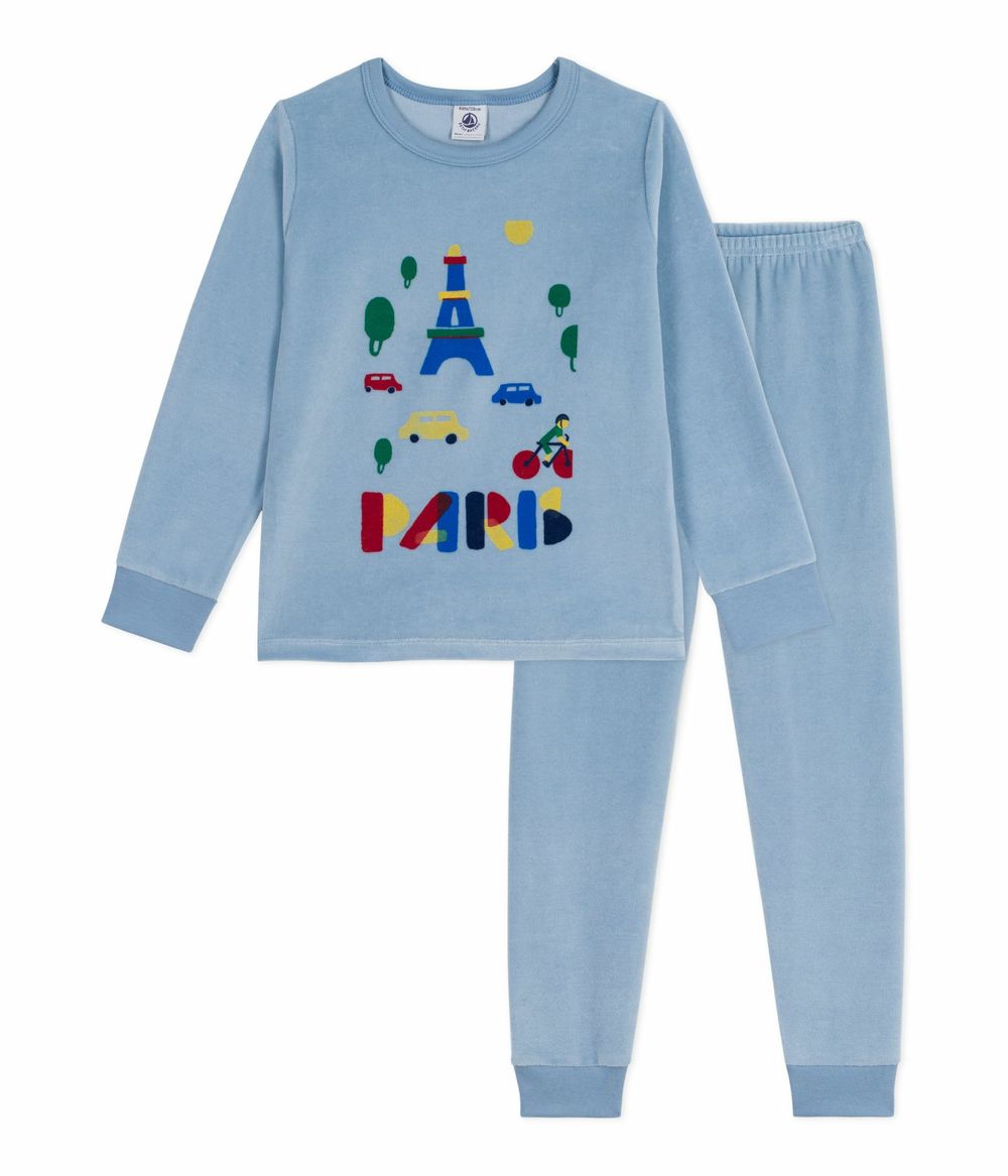 Petit Bateau - 2pc-Set - Boys' Velour Pyjama T-Shirt & Pants - Adriatic