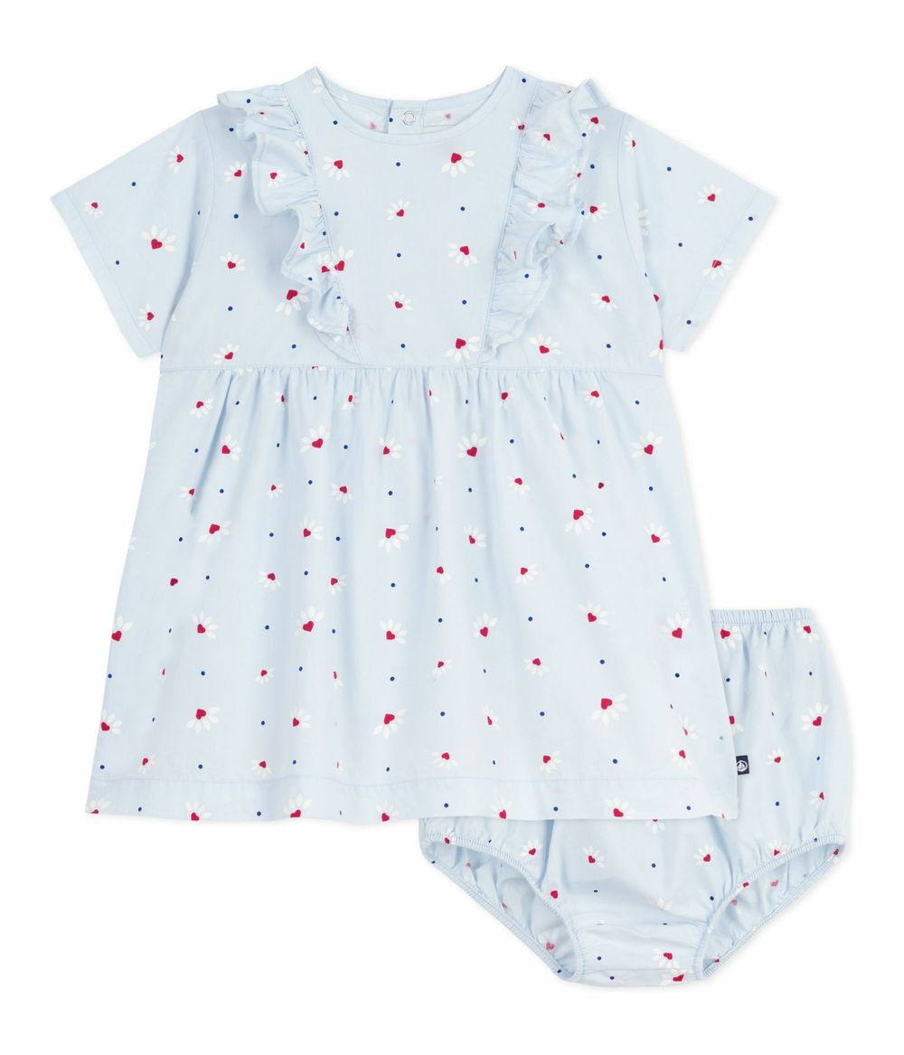 Petit Bateau - Babies' Short Sleeved Printed Cotton Dress With Bloomers - Fraicheur Blue/Multicolor