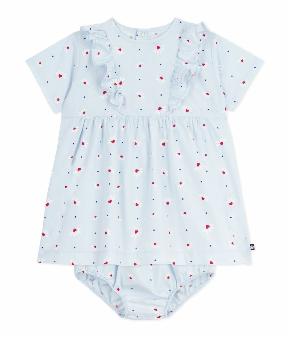 Petit Bateau - Babies' Short Sleeved Printed Cotton Dress With Bloomers - Fraicheur Blue/Multicolor