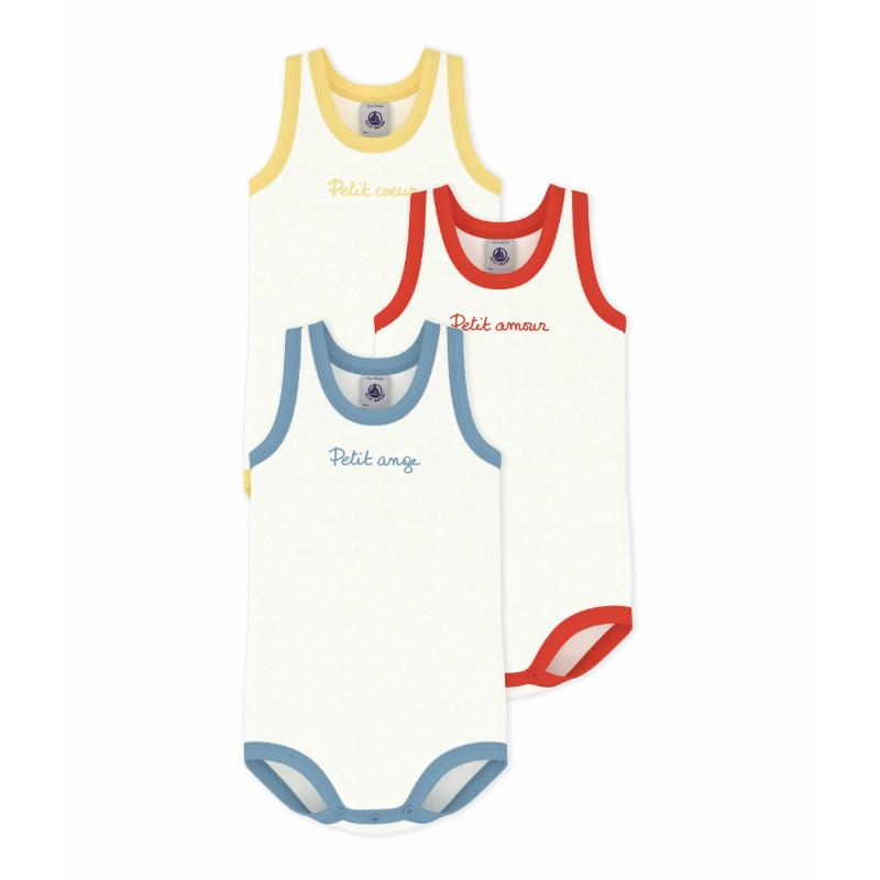 Petit Bateau - 3pc-Set - Babies Plain Sleeveless Cotton Bodysuits - Multicolor