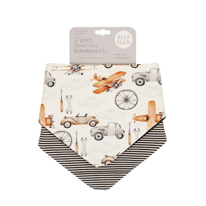 All4Ella - Reversible Bandana Bibs - Lined Vehicle - 2 Pcs
