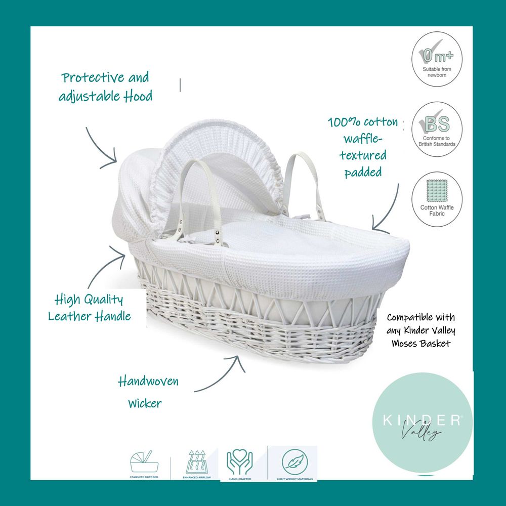 Kinder Valley - White Waffle Wicker Moses Basket - White