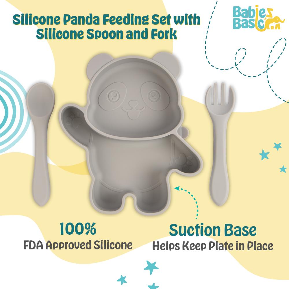Babies Basic - Panda Shape Silicone Suction Plate With Spoon And Fork - Grey