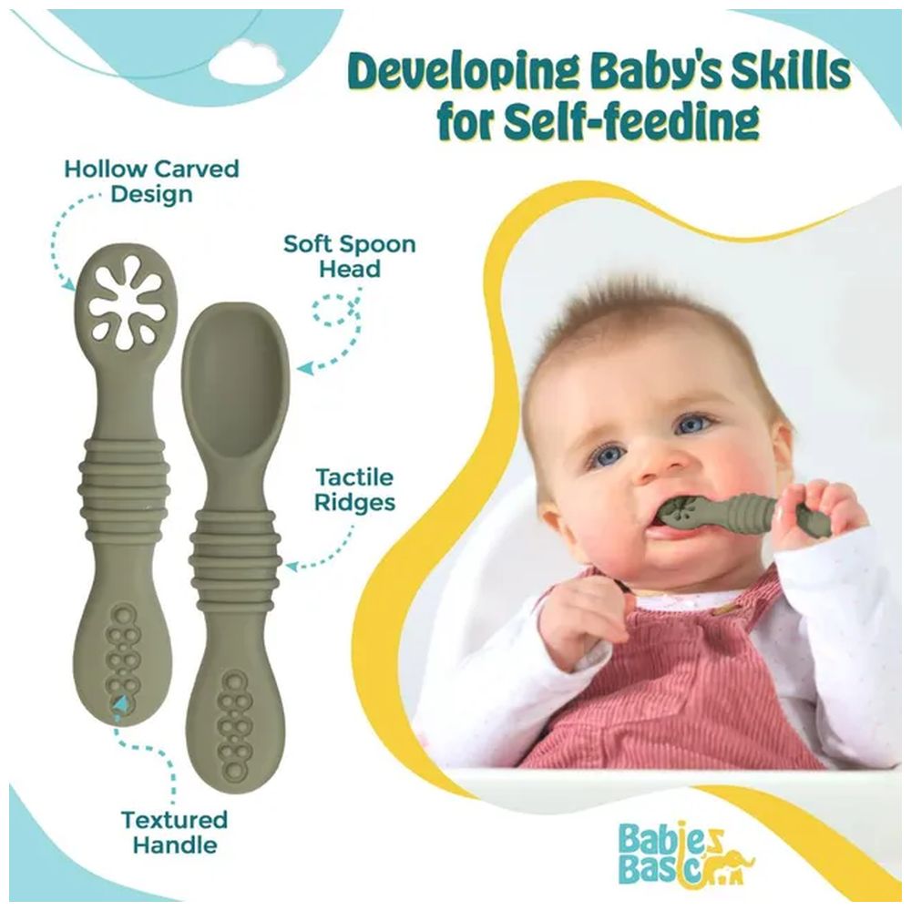 Babies Basic First Stage Training Silicone Spoon With Masher - Bottle Green