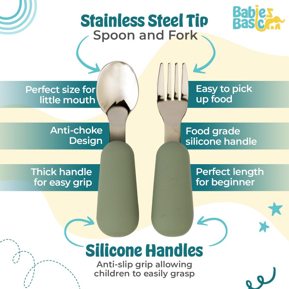 Babies Basic - Stainless Steel Spoon & Fork Cutlery Set - 2pcs - Green