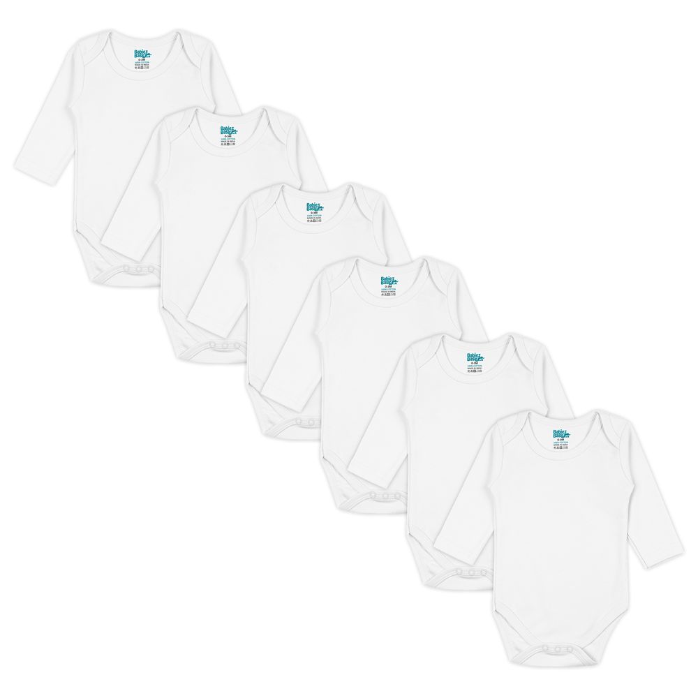 Babies Basic - 6pc-Set - 100% Cotton Long Sleeves Bodysuit - White
