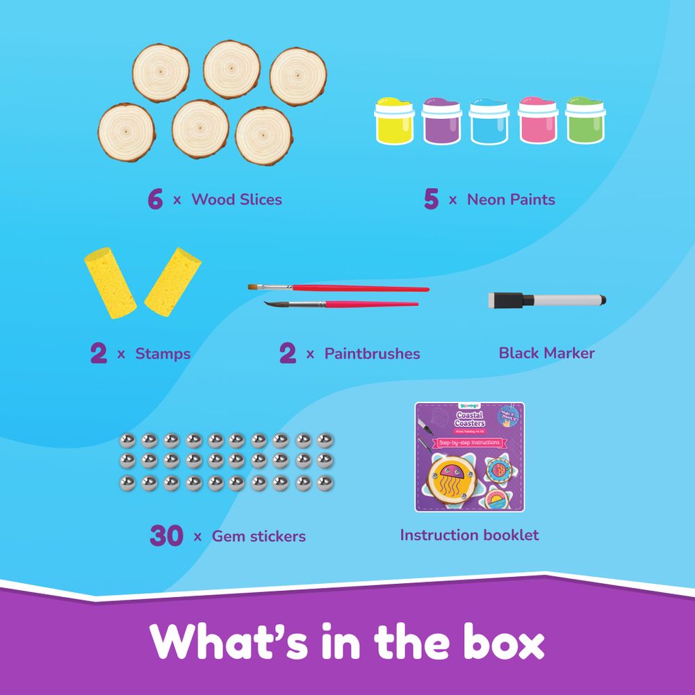 Bloomingo - Coastal Coasters Wood Painting Art Kit - Multicolor - 45 Plus Pcs