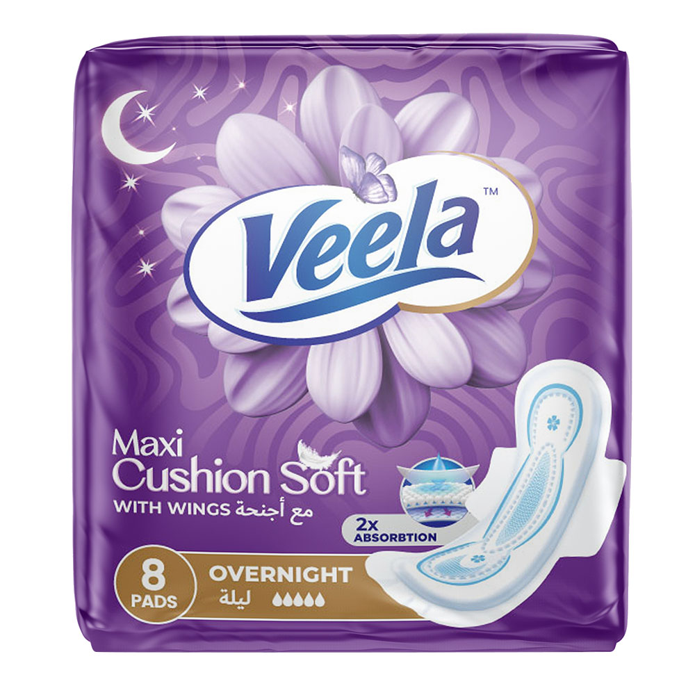 Veela Cushion Soft Maxi Pads With Wings - Overnight - 8 Pads