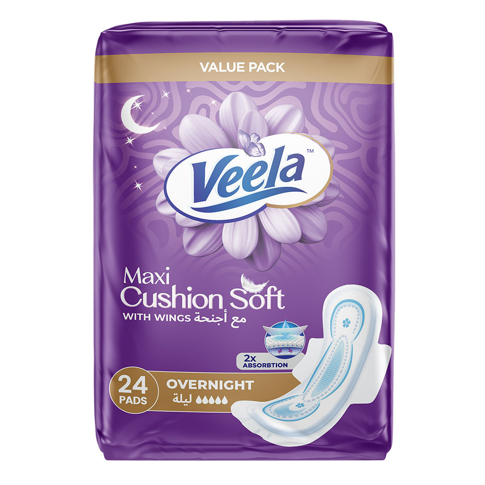 Veela Cushion Soft Maxi Pads With Wings - Overnight - 24 Pads