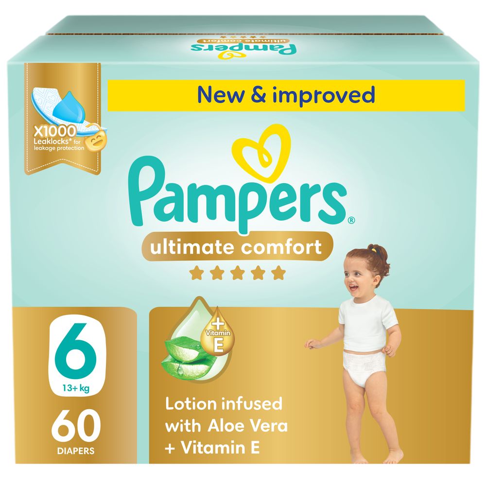 Pampers Ultimate Comfort Taped Diapers - Giant Saving Box - Size 6 - 13 Plus kg - 60 Pcs