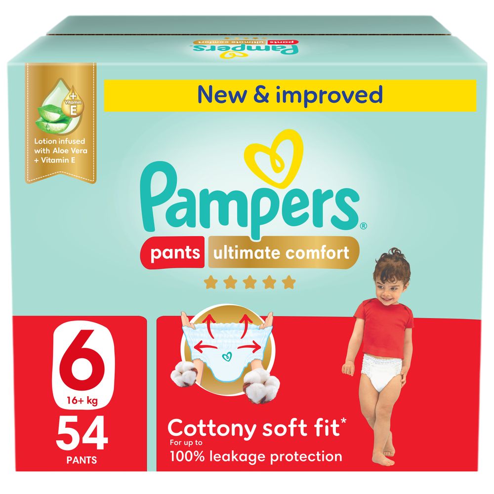 Pampers Ultimate Comfort Diapers Pants With Aloe Vera And Vitamin E - Size 6 - 16-21kg - 54 Pcs