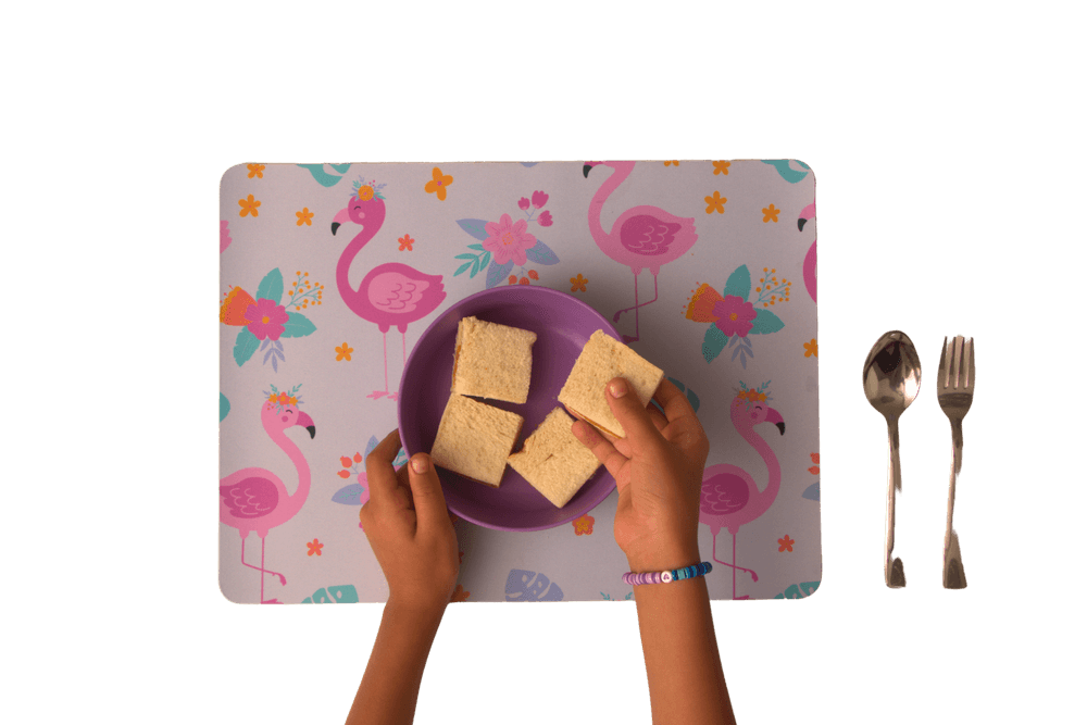 Tiny Tots Flamingo Rubber Placemat, Coaster & Cutlery - 3pc Set