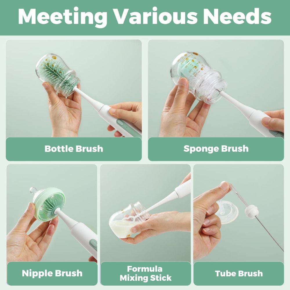 Momcozy 7-In-1 Portable Electric Bottle Cleaning Brush Set - Green