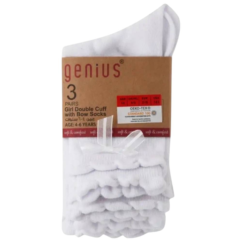 Genius - Girl's Double Cuff Bow Socks - White - Pack of 3