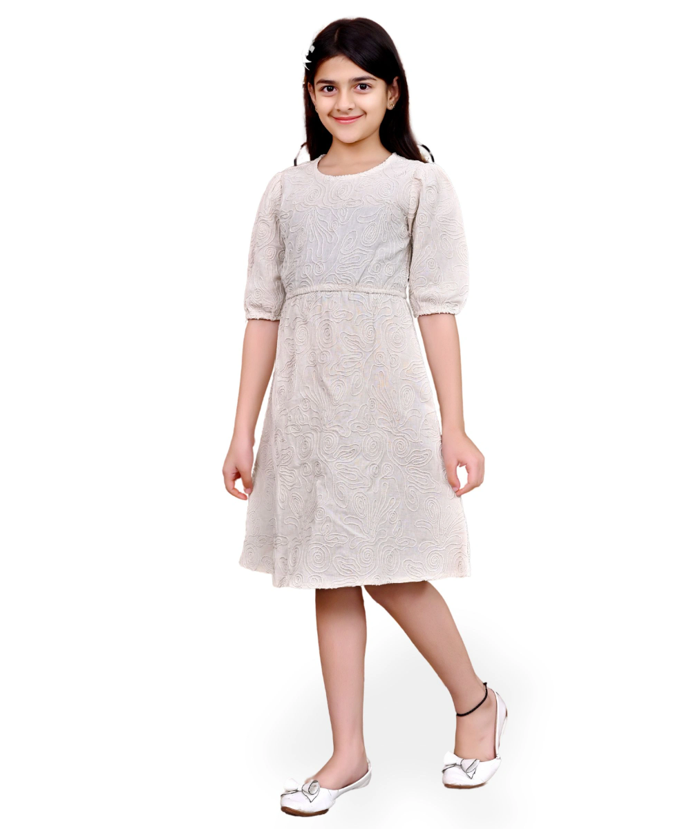 Flower Girl - Girl's Thread Embroidered Round Neck Dress - Ecru