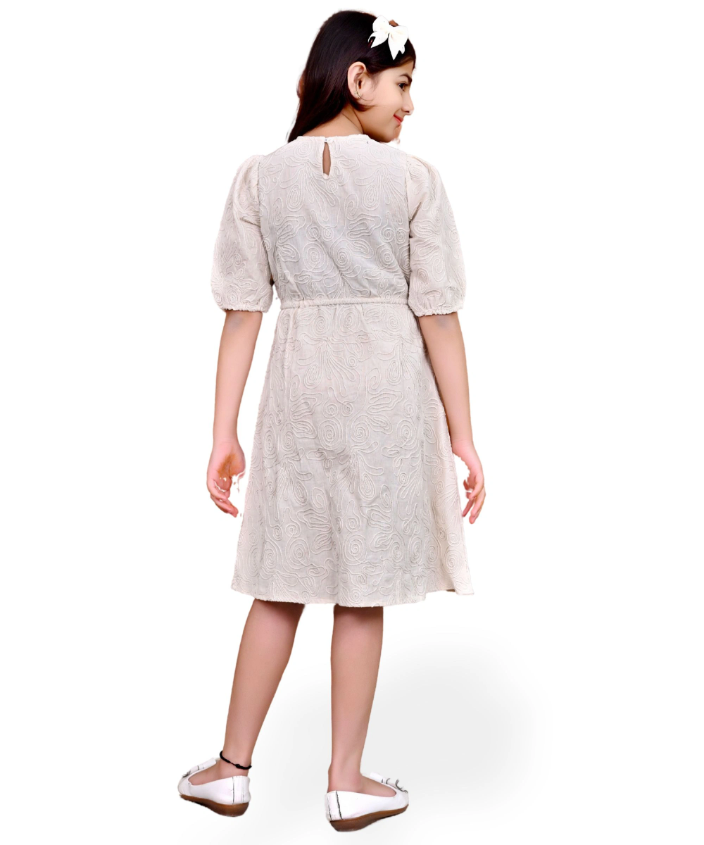 Flower Girl - Girl's Thread Embroidered Round Neck Dress - Ecru