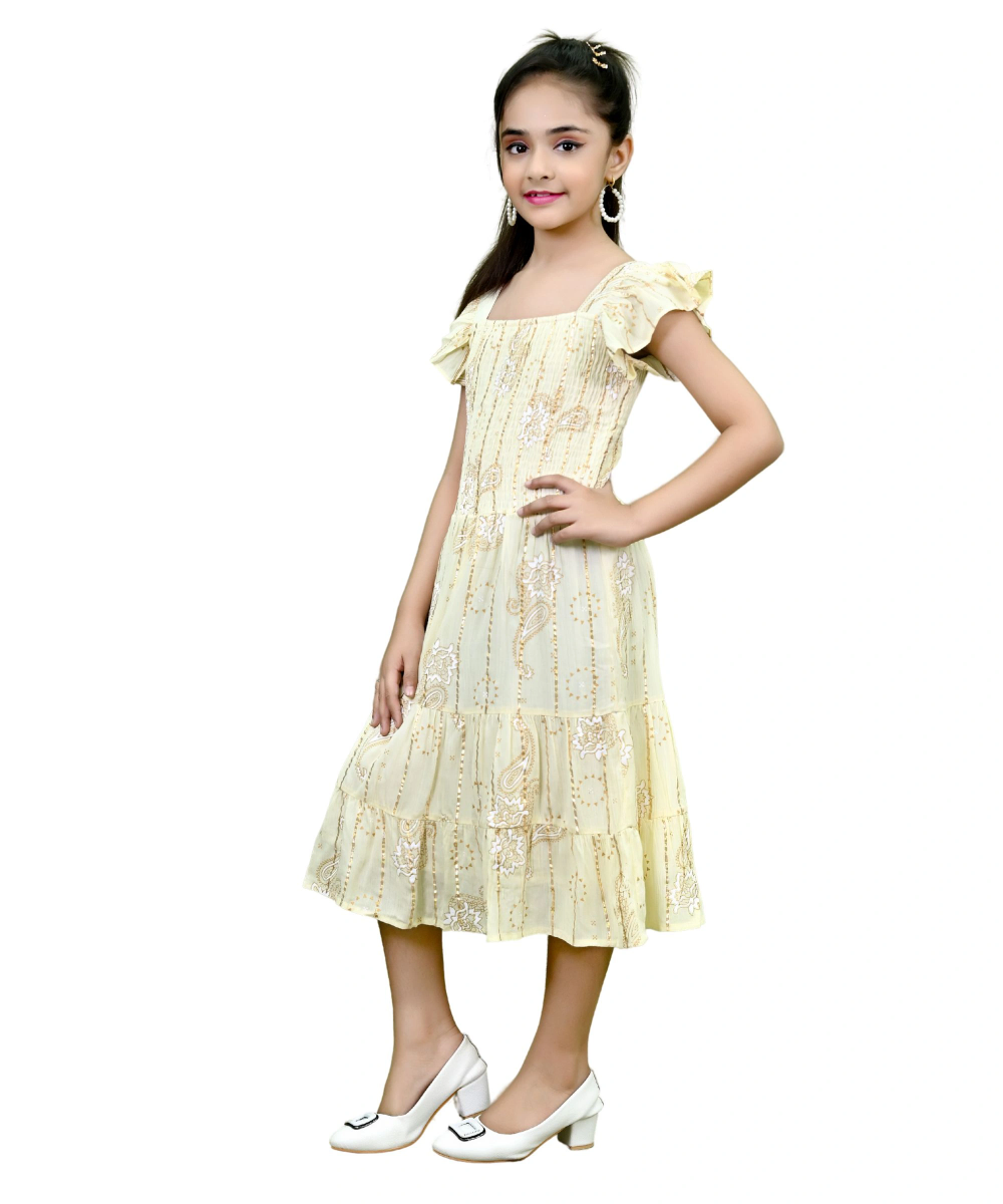 Flower Girl - Girl's All Over Print Square Neck Dress - Off White