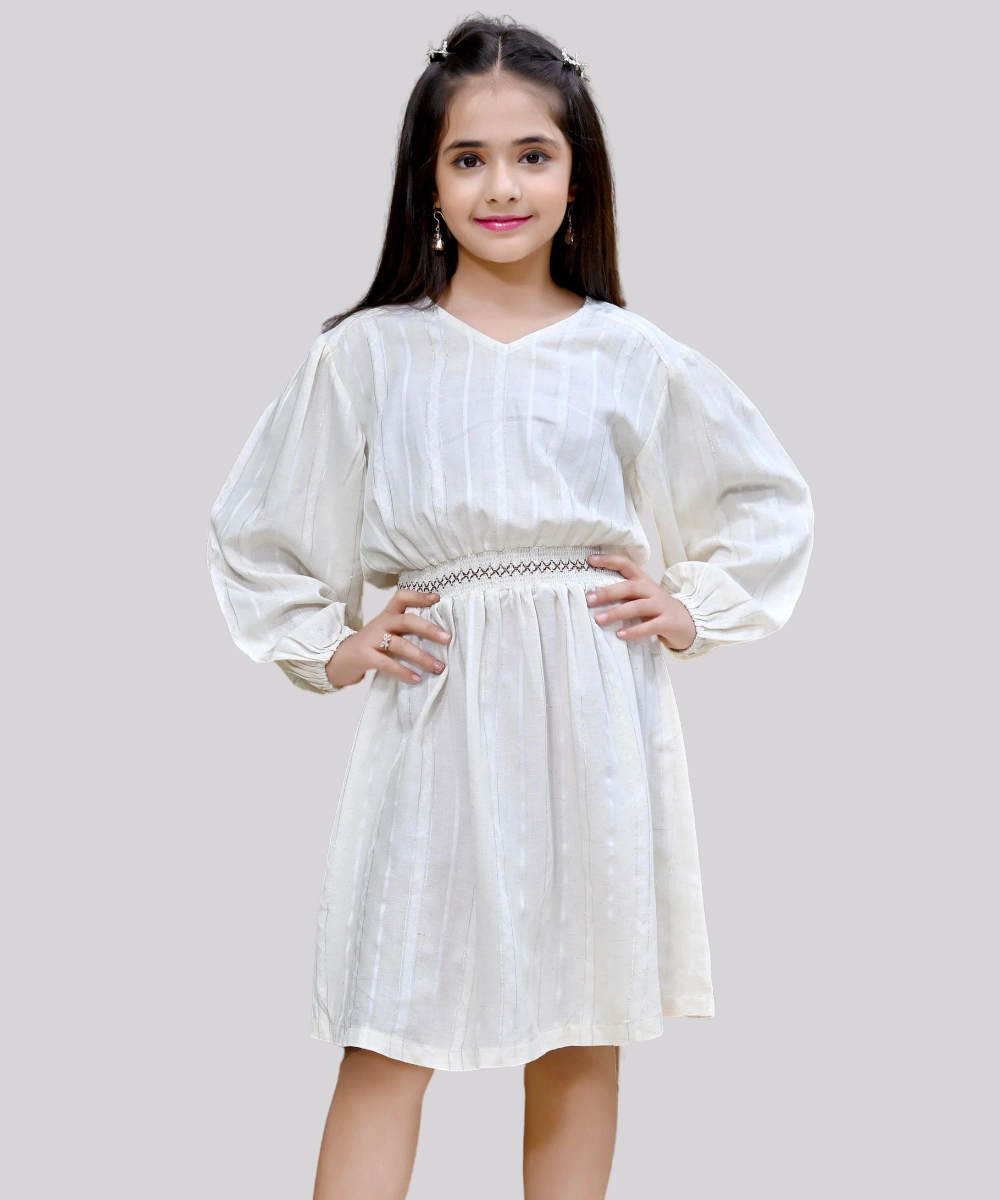 Flower Girl - Girl's Lurex Striped V-Neck Dress - Light Beige