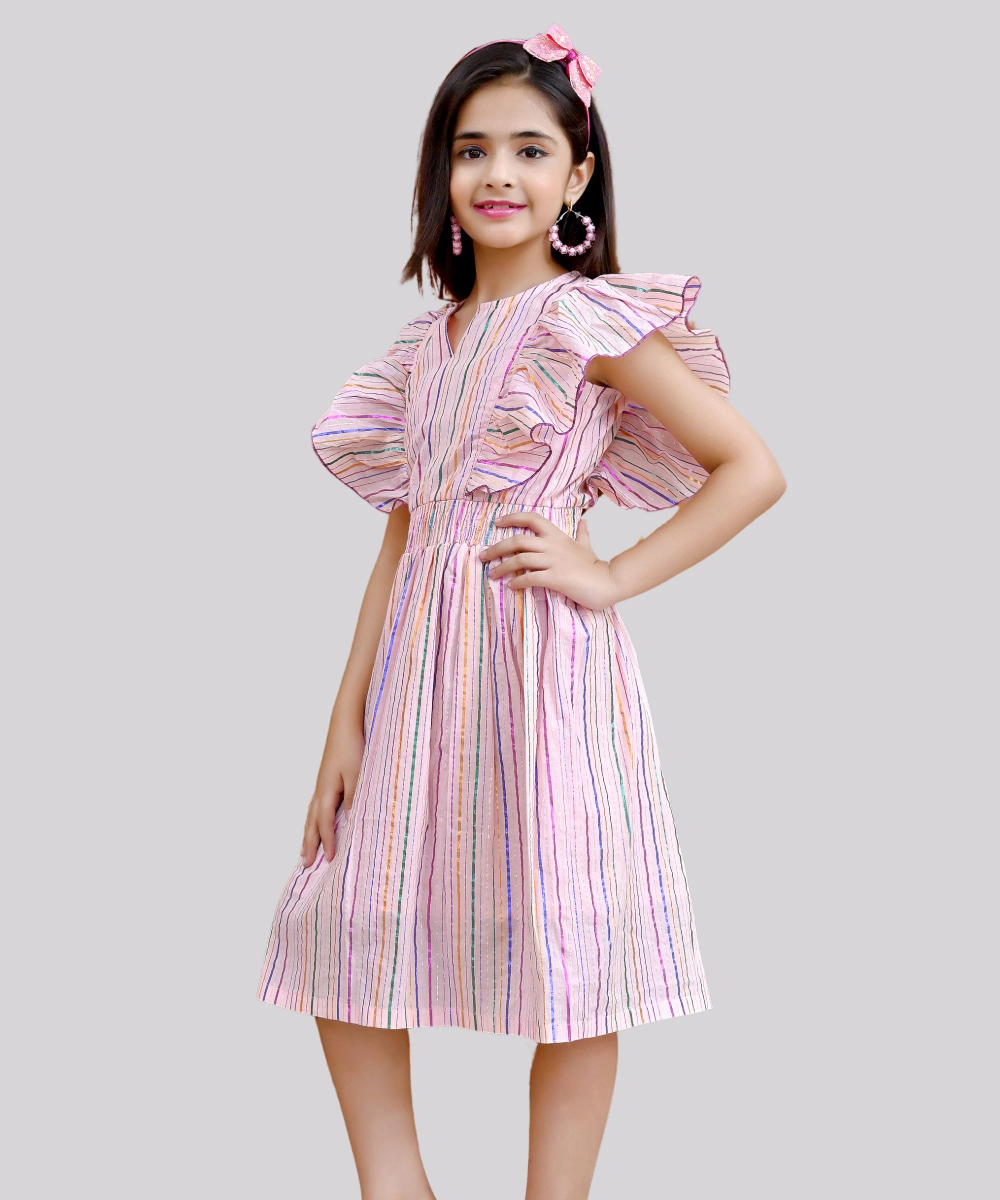 Flower Girl - Girl's Lurex Striped Round Neck Cotton Dress - Pink
