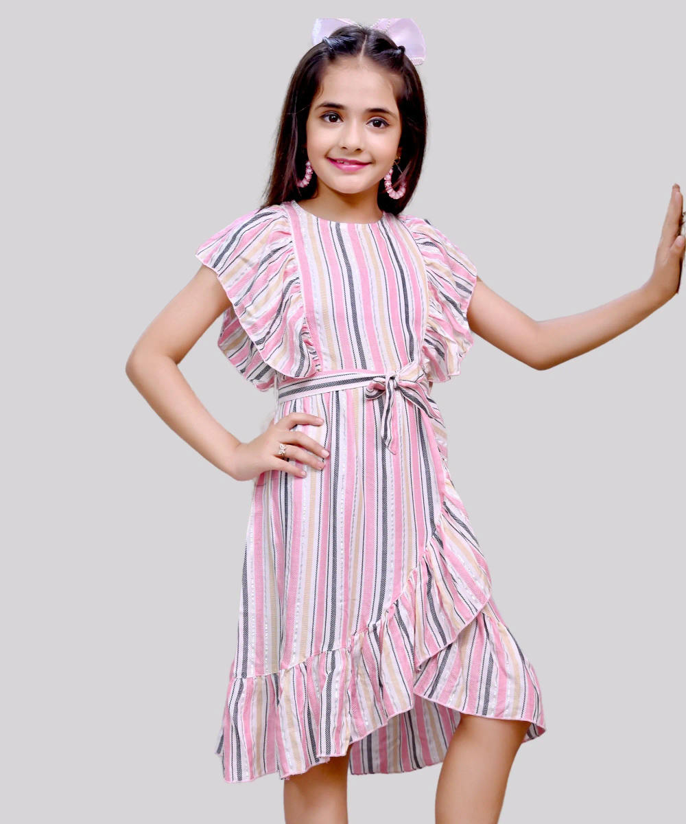 Flower Girl - Girl's Lurex Striped Frill Sleeves Dress - Pink