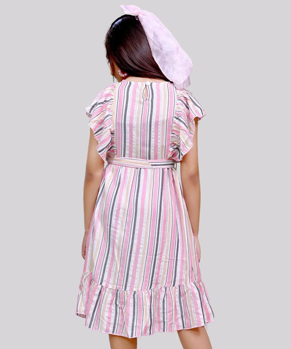 Flower Girl - Girl's Lurex Striped Frill Sleeves Dress - Pink