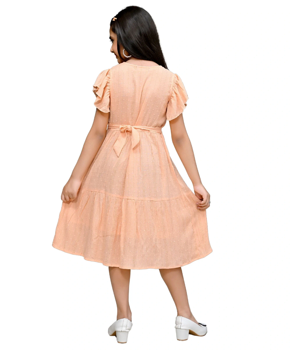 Flower Girl - Girl's Frill Sleeves Round Neck Dress - Peach
