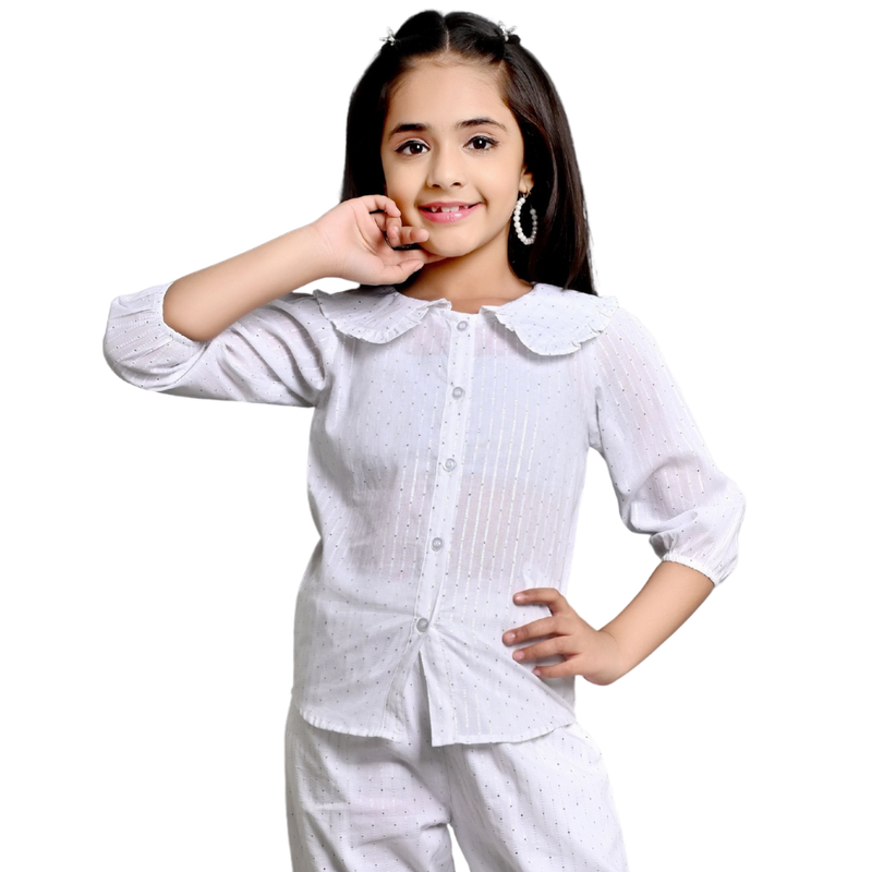 Flower Girl - Girl's Embroidered Peter Pan Neck Shirt - White