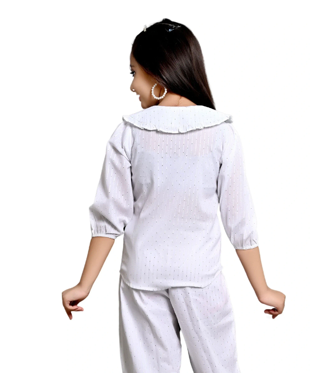 Flower Girl - Girl's Embroidered Peter Pan Neck Shirt - White