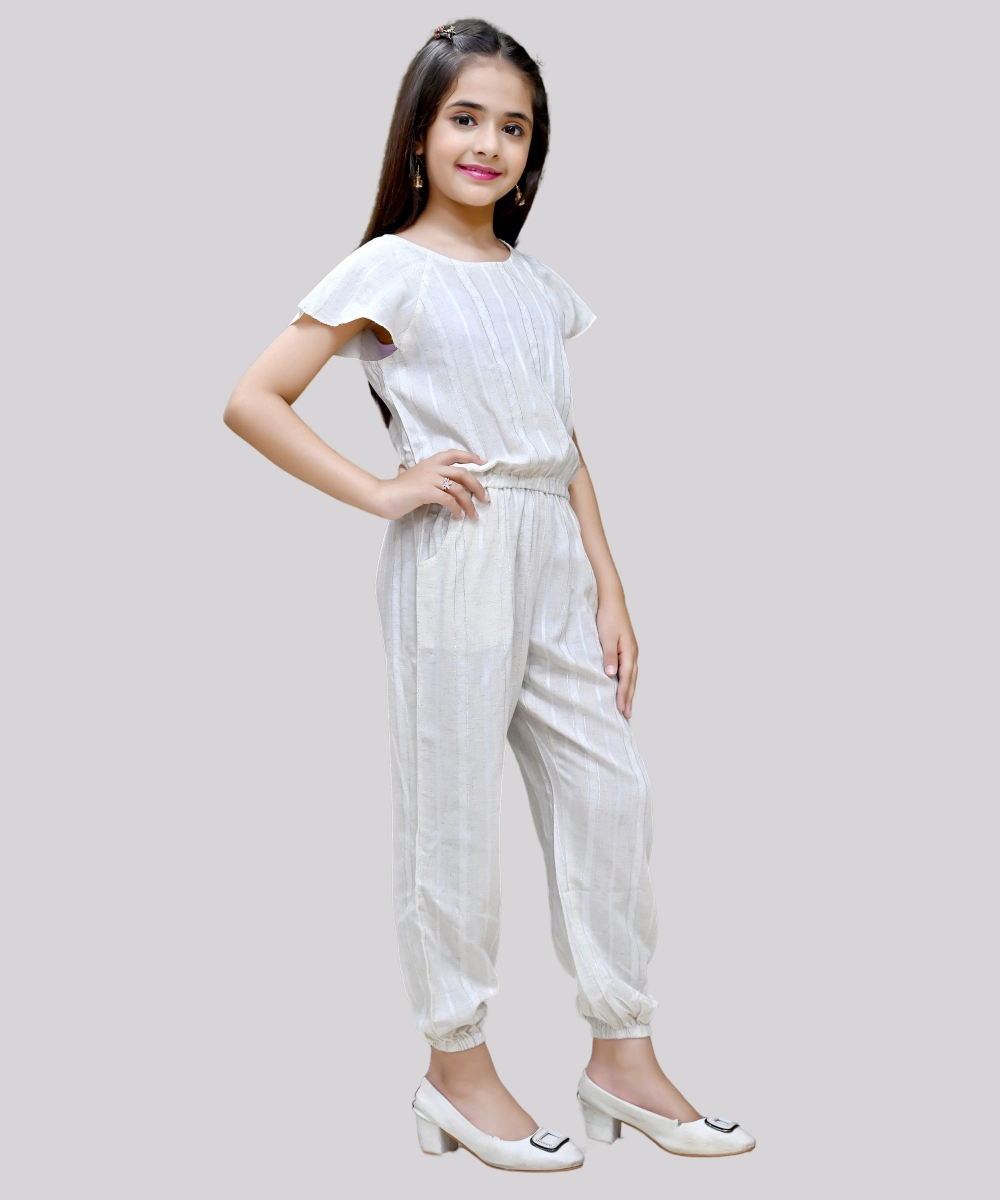 Flower Girl - Girl's Lurex Striped Round Neck Jumpsuit - Light Beige