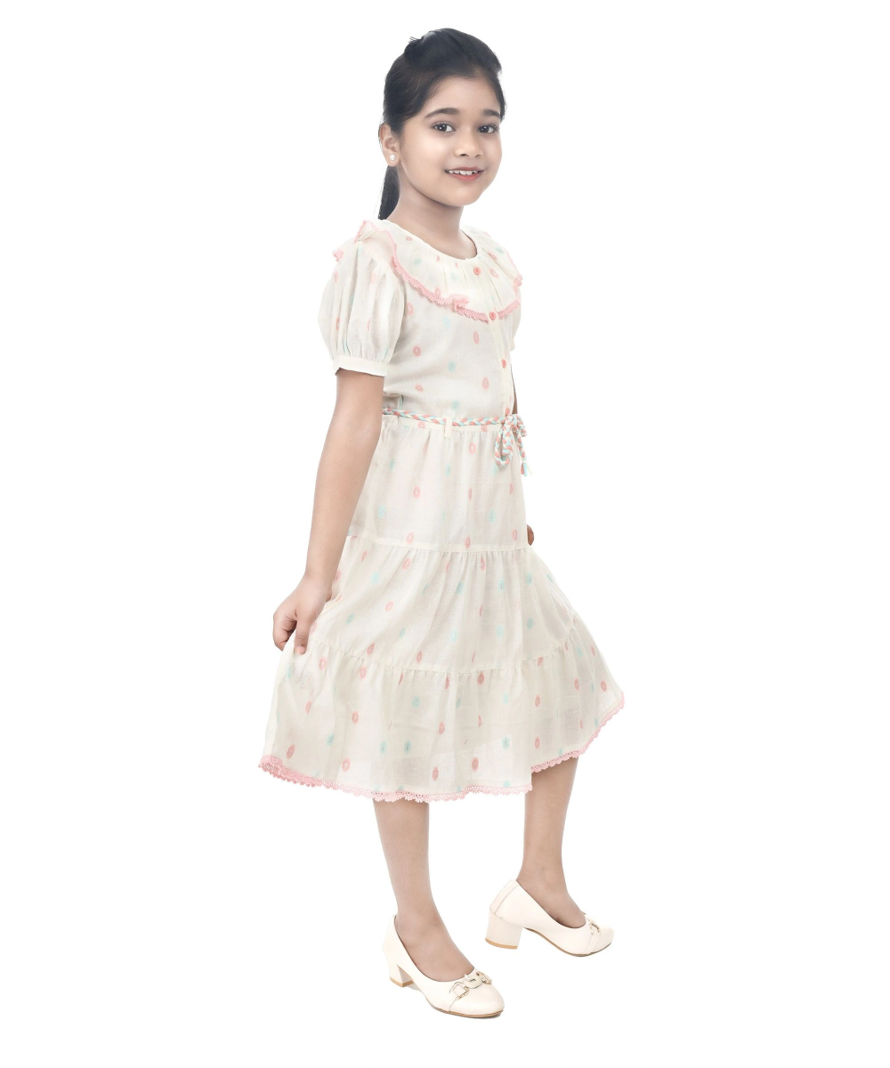 Flower Girl - Girl's Puff Sleeves Round Neck Dress - Off White