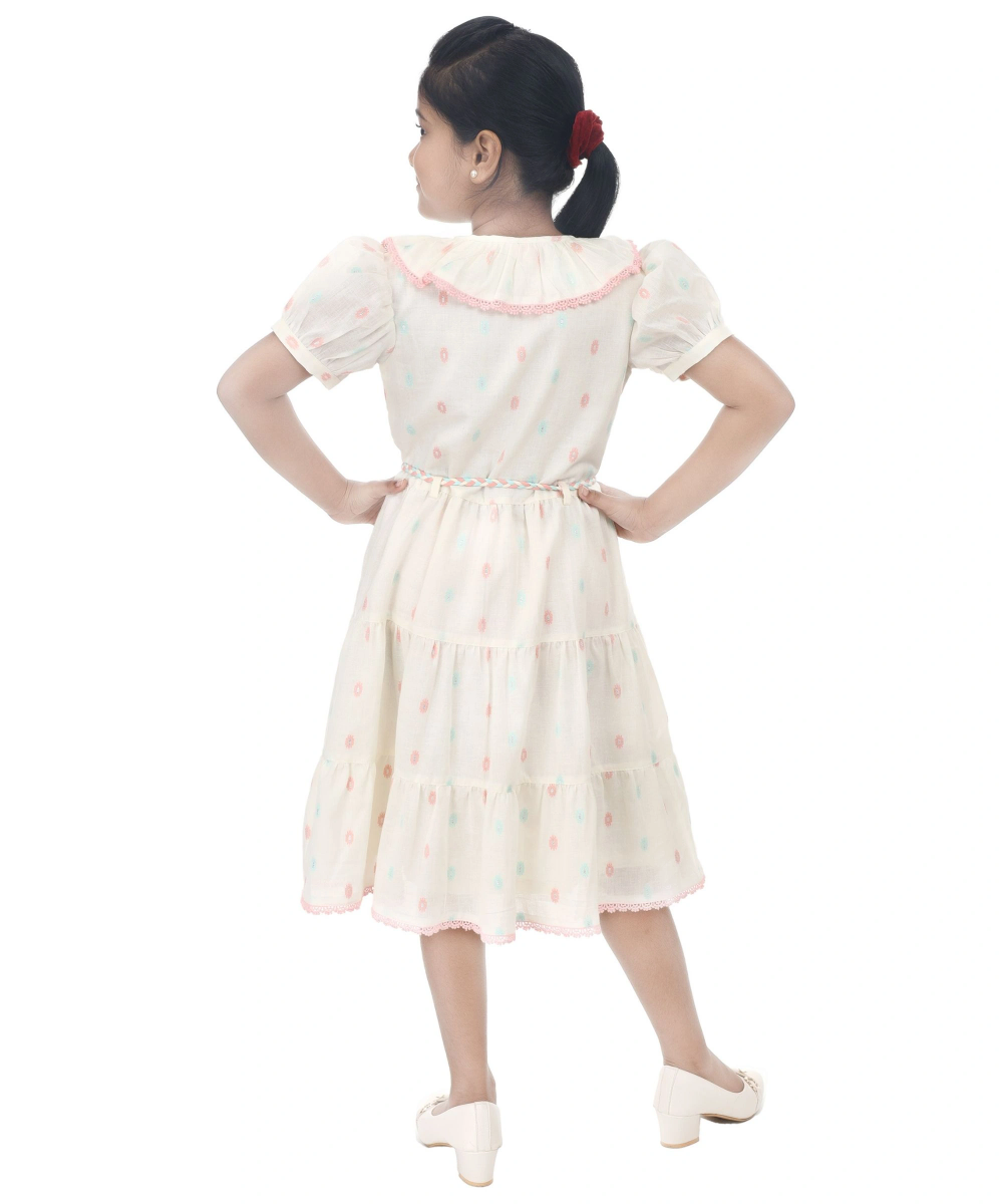 Flower Girl - Girl's Puff Sleeves Round Neck Dress - Off White