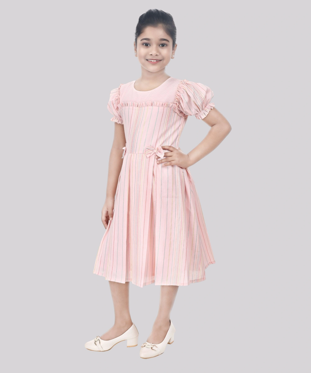 Flower Girl - Girl's Foil Striped Puff Sleeves Dress - Pink