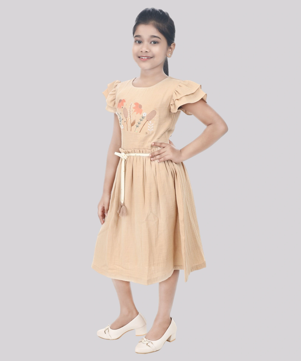 Flower Girl - Girl's Ruffled Sleeves Embroidered Dress - Almond