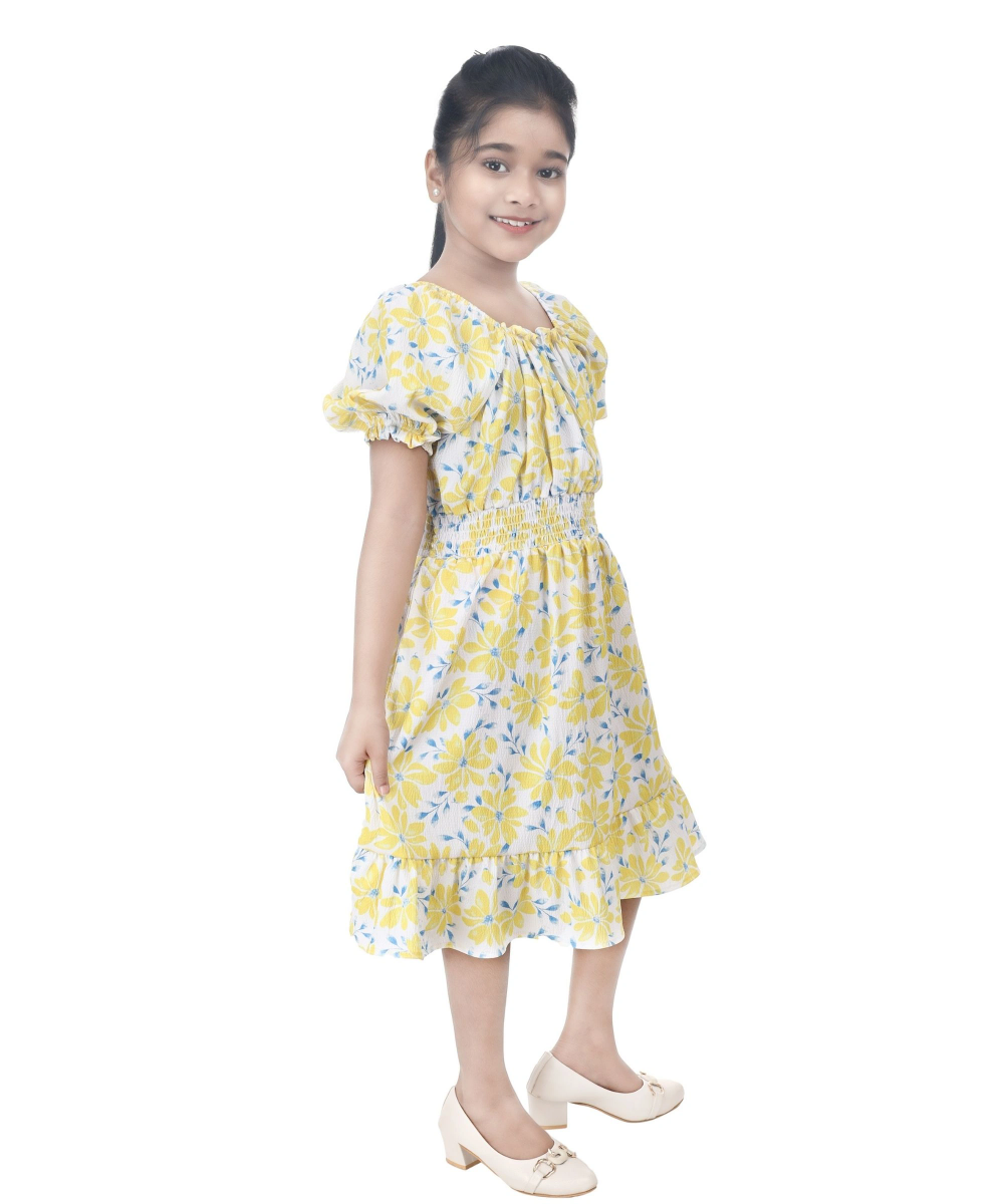 Flower Girl - Girl's All Over Print Square Neck Dress - Yellow