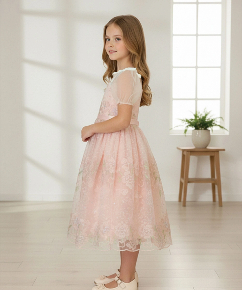 Le Crystal - Girl's Embroidered Tulle Party Dress - Pink