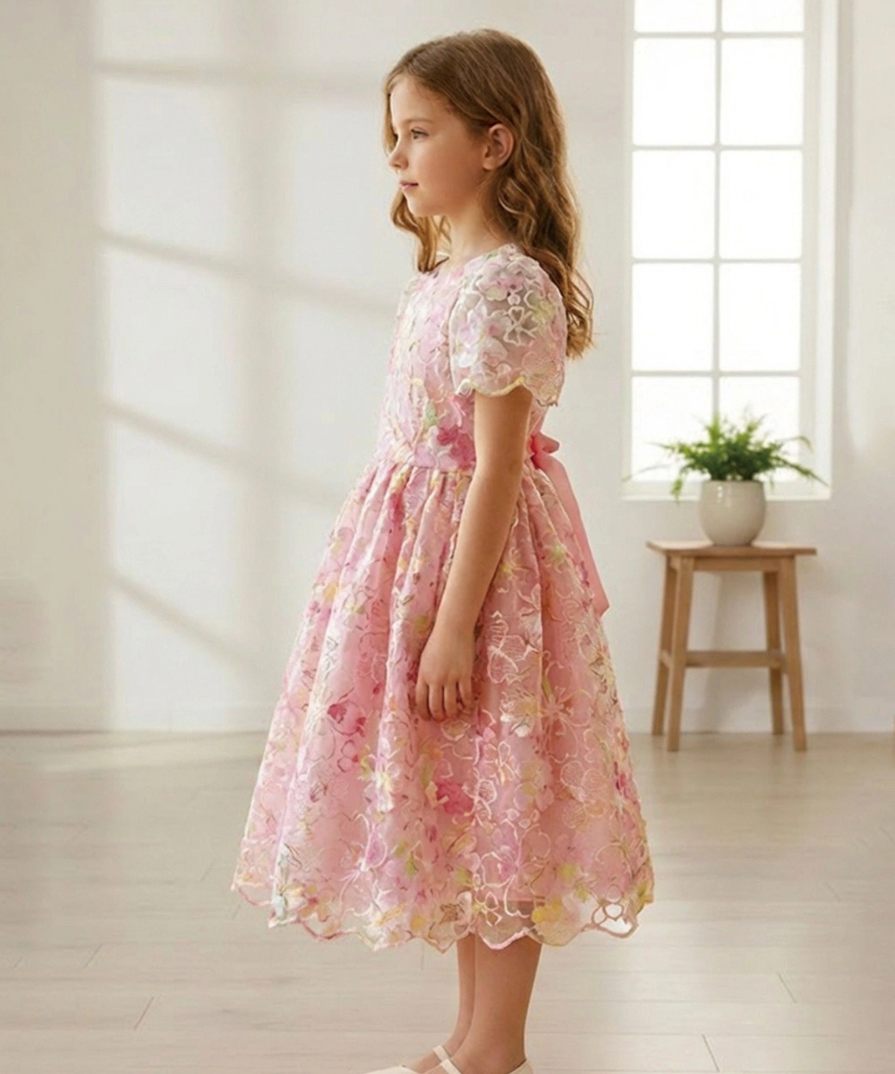 Le Crystal - Girl's Delicate Embroidered Tulle Party Dress - Pink