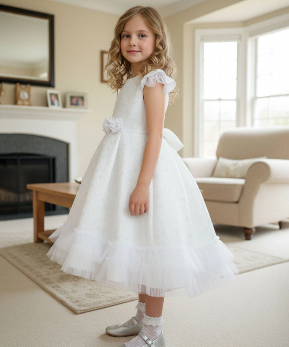 Le Crystal - Girl's Textured Party Dress - White