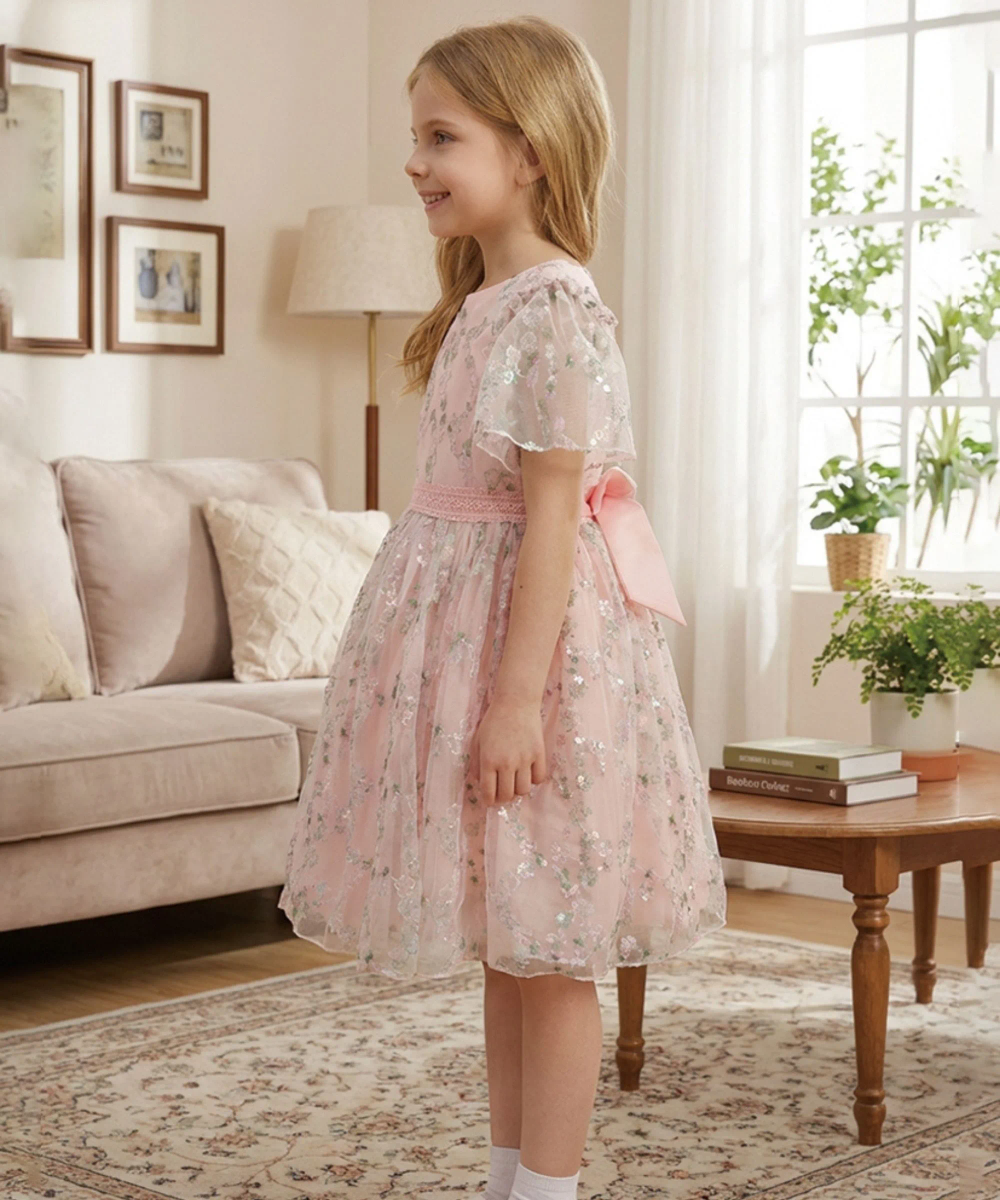Le Crystal - Girl's Delicate Embroidered Tulle Dress - Pink