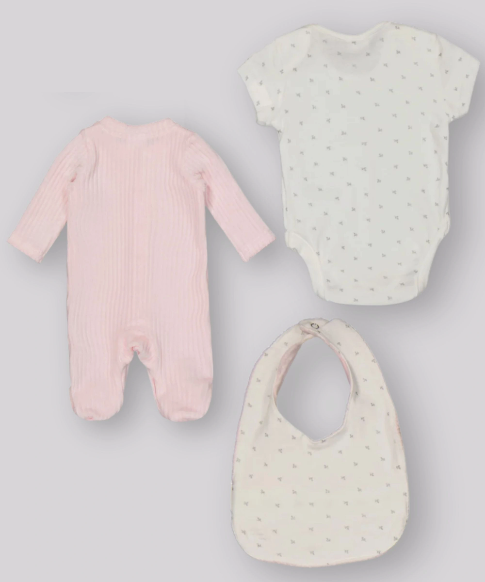 Rock a Bye Baby - 3pc-Set - Baby Girl's Sleepsuit, Bodysuit & Bib - White/Pink