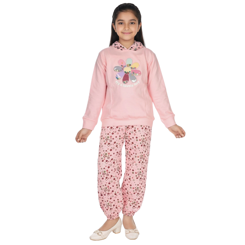Genius - 2pc-Set - Girl's Printed Hooded Sweatshirt & Jogger - Pink