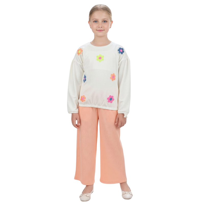 Genius - 2pc-Set - Girl's Flower Printed Sweatshirt & Wide Leg Pant - White/Peach