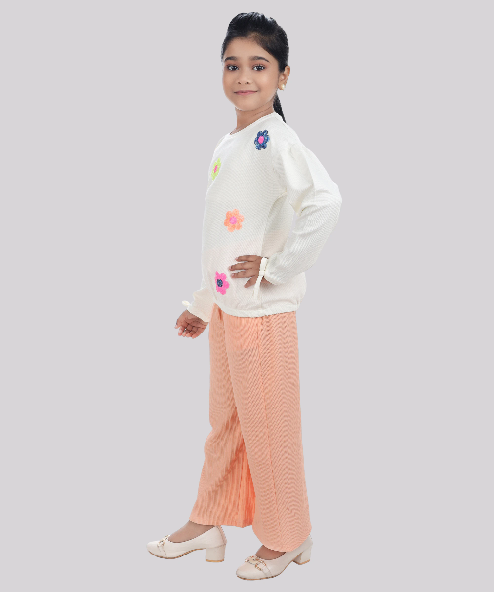 Genius - 2pc-Set - Girl's Flower Printed Sweatshirt & Wide Leg Pant - White/Peach