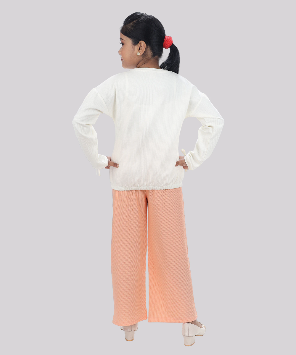 Genius - 2pc-Set - Girl's Flower Printed Sweatshirt & Wide Leg Pant - White/Peach